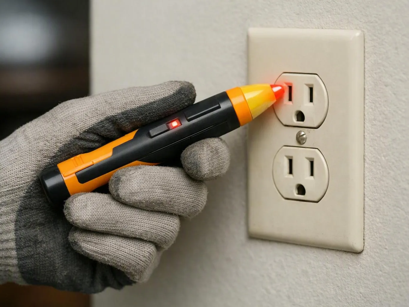 Gloved hand checks a beige wall outlet with a voltage tester