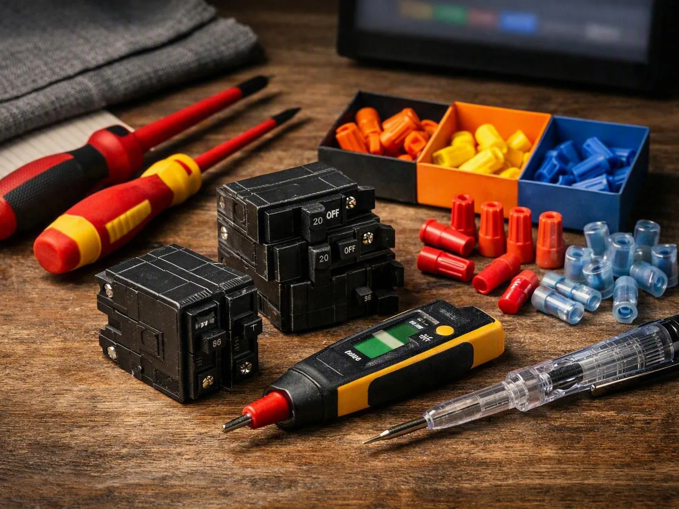 Electrician tools and circuit breakers arranged beside wire connectors on a