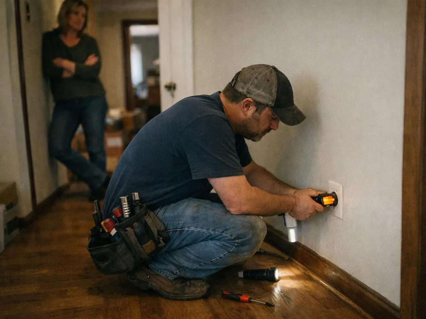 Man kneels to repair a hallway outlet while a woman stands in the background