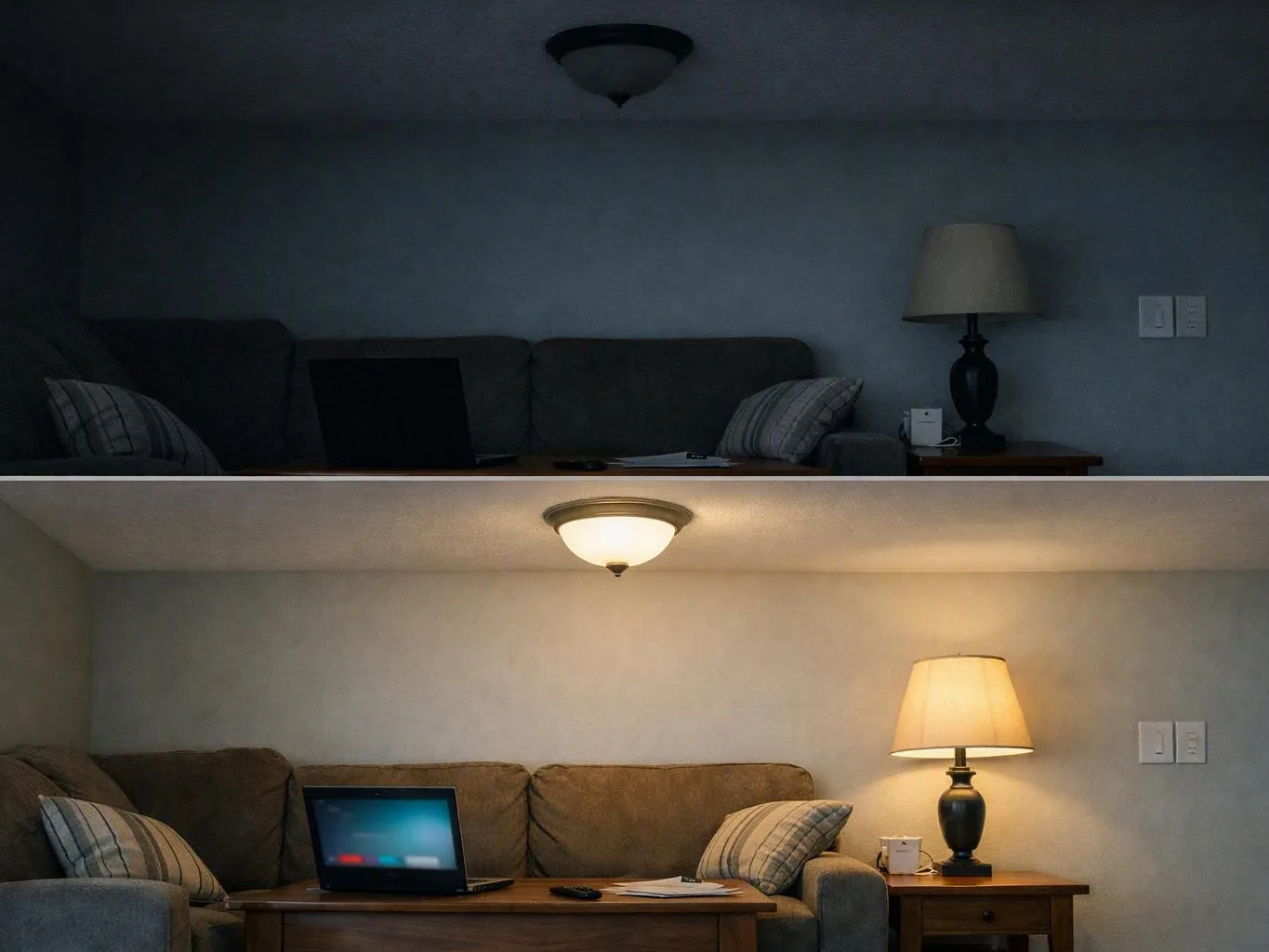 Split-screen living room with matching couch and lamps under dim and warm