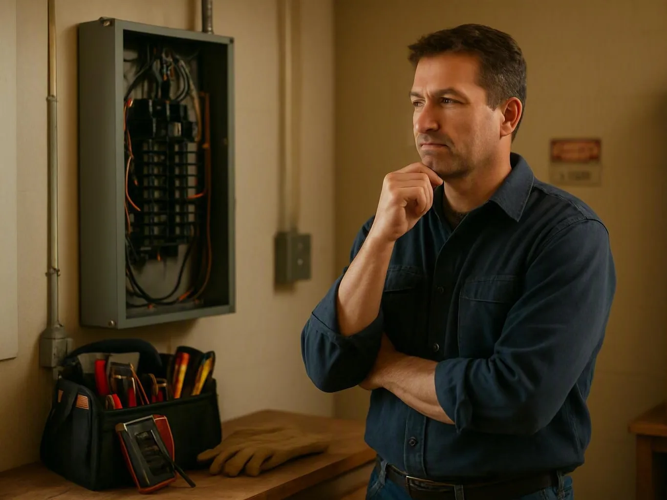 Electrician in a work shirt considers an open electrical panel beside a tool bag