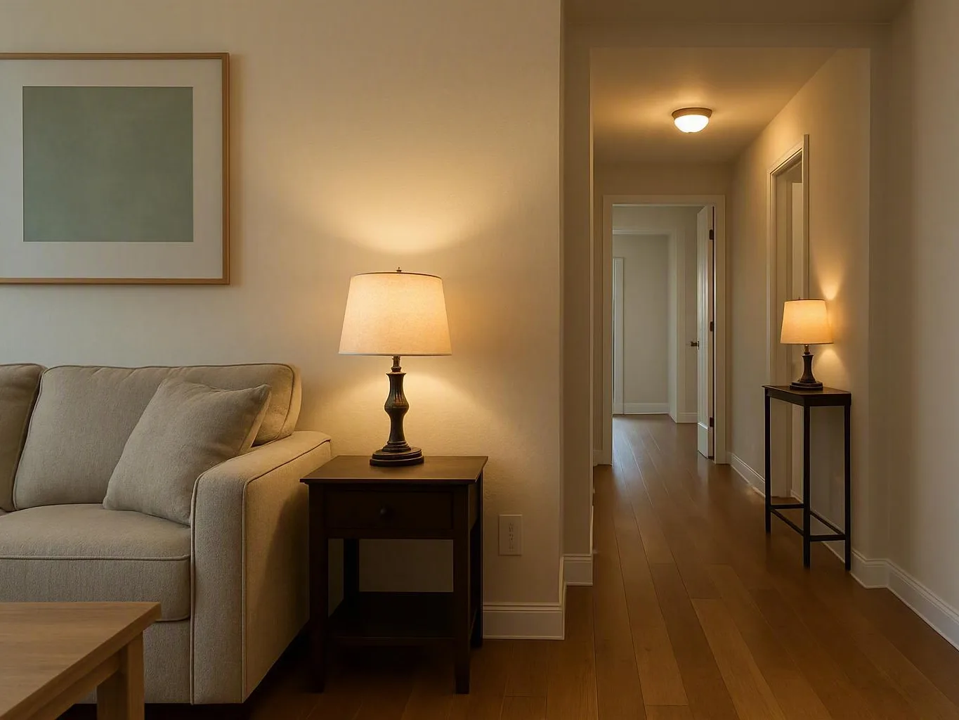 Beige living room and hallway with lit lamps, sofa, framed art, and wood floors