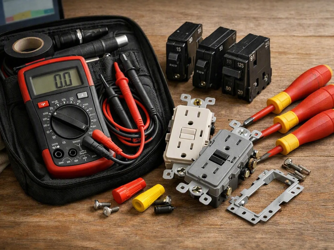 Multimeter kit, circuit breakers, switches, and screwdrivers arranged across a