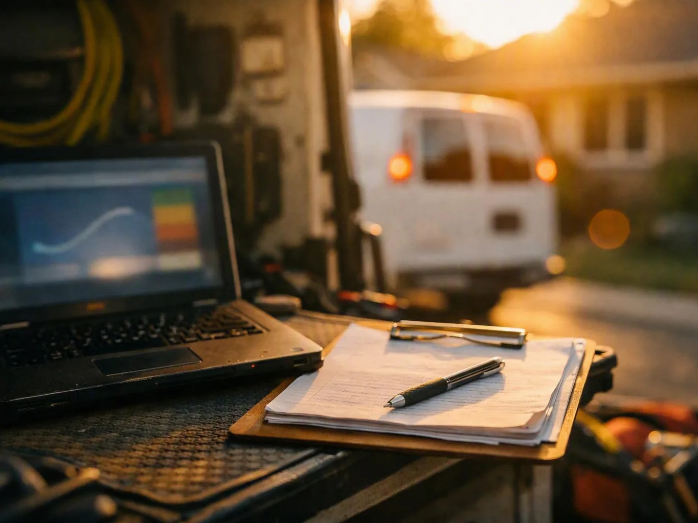 Laptop, clipboard, and pen inside a work van with another white van outside at