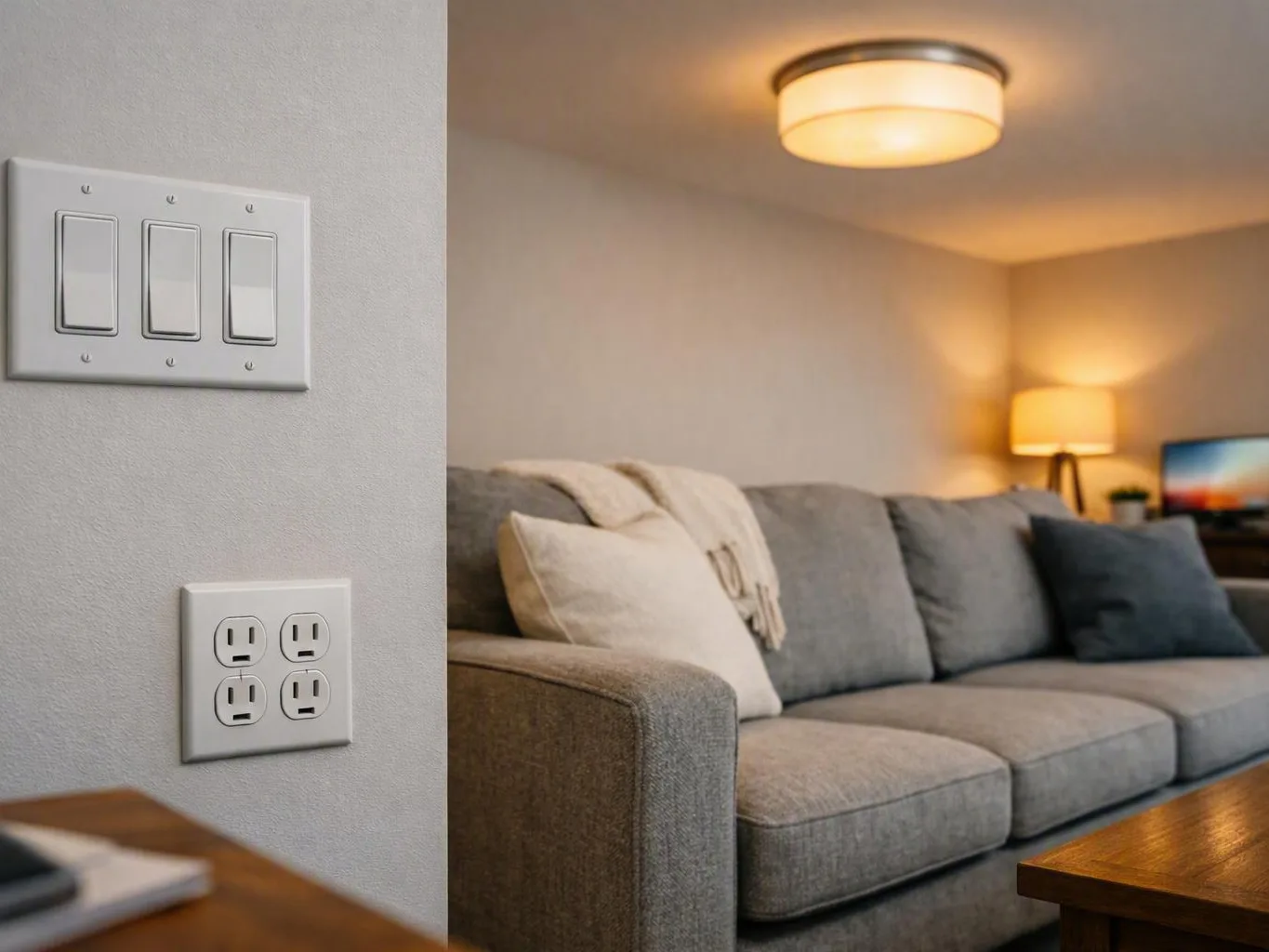 Living room with gray sofa, lit lamp, wall switches, outlets, and television