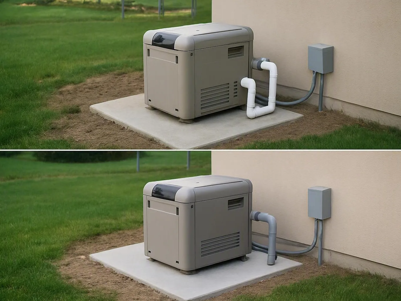 Two outdoor generator units beside a beige house, connected to pipes and an