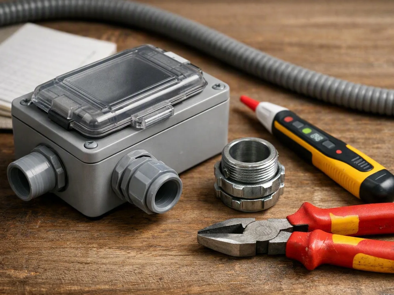 Electrical junction box with clear cover, pliers, tester, and pipe fittings on