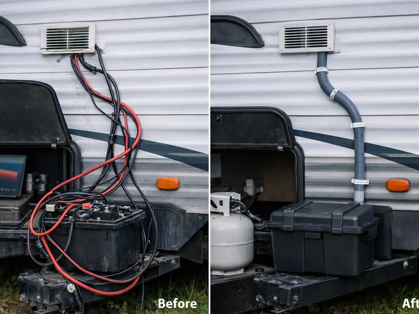 Split view of an RV wall before and after cleaner cable routing with hoses and