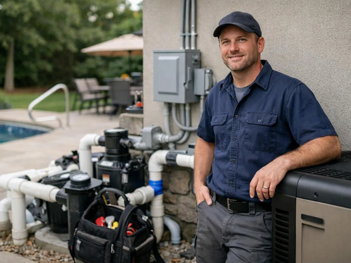 Worker in a navy cap standing beside pool equipment and pipes near an outdoor