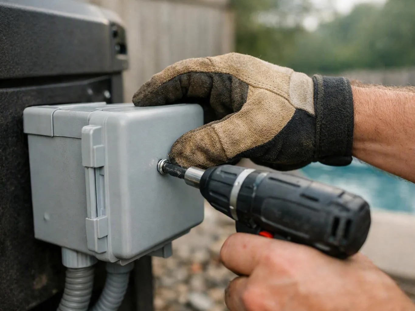 Gloved hand using a power drill to secure a screw on a gray outdoor electrical