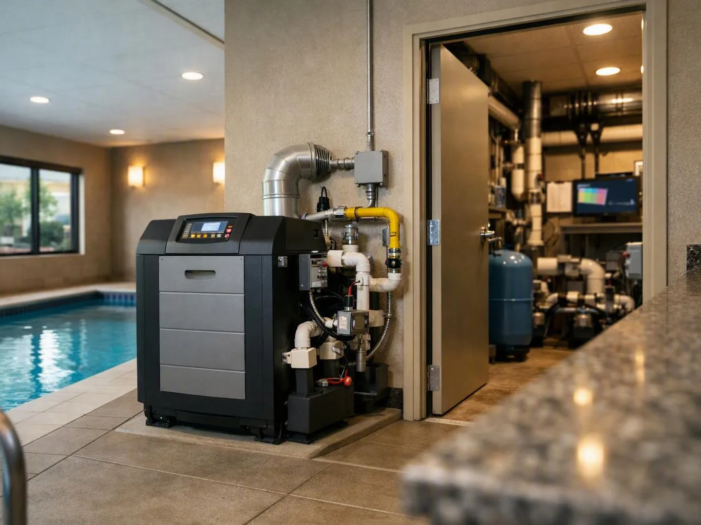 Poolside mechanical room with filtration equipment beside an open doorway and