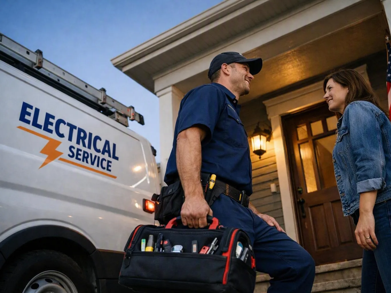 Electrician with a tool bag speaks with a woman outside a house beside a