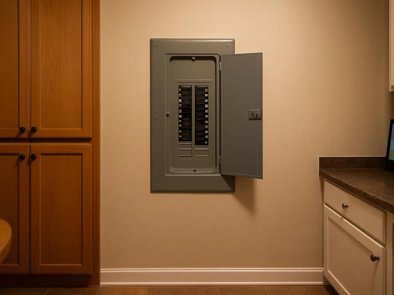 Open gray electrical breaker panel mounted on a beige kitchen wall beside