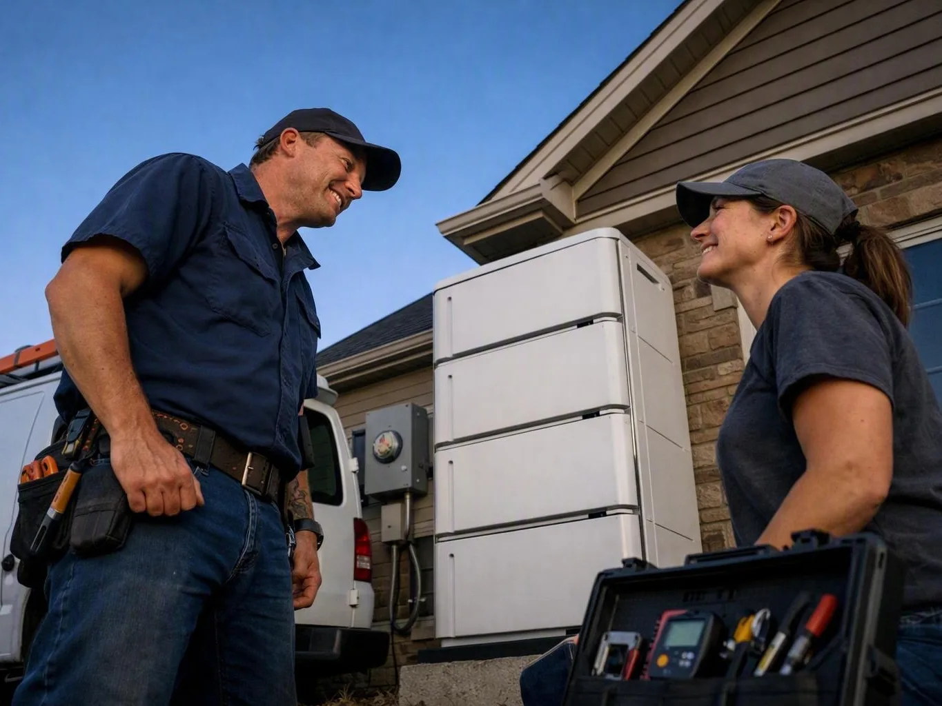 Two utility workers talk beside a stacked white battery unit outside a suburban