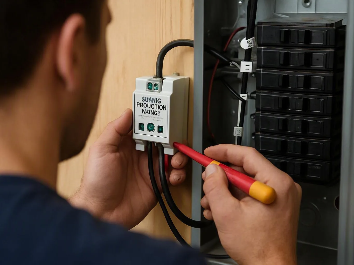 Technician tests a small electrical device inside an open breaker panel