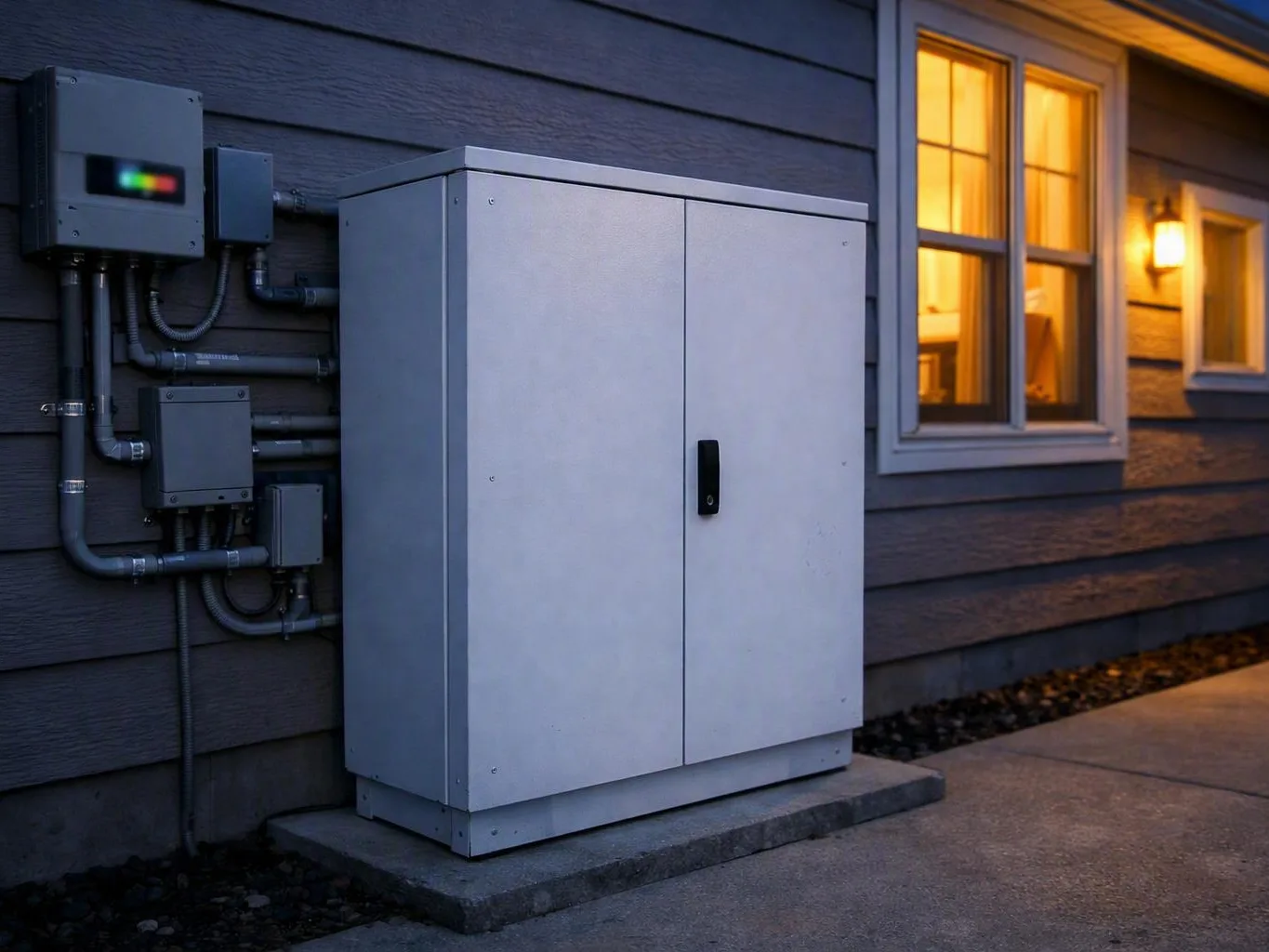 Large gray outdoor electrical cabinet beside a house wall near a lit window at