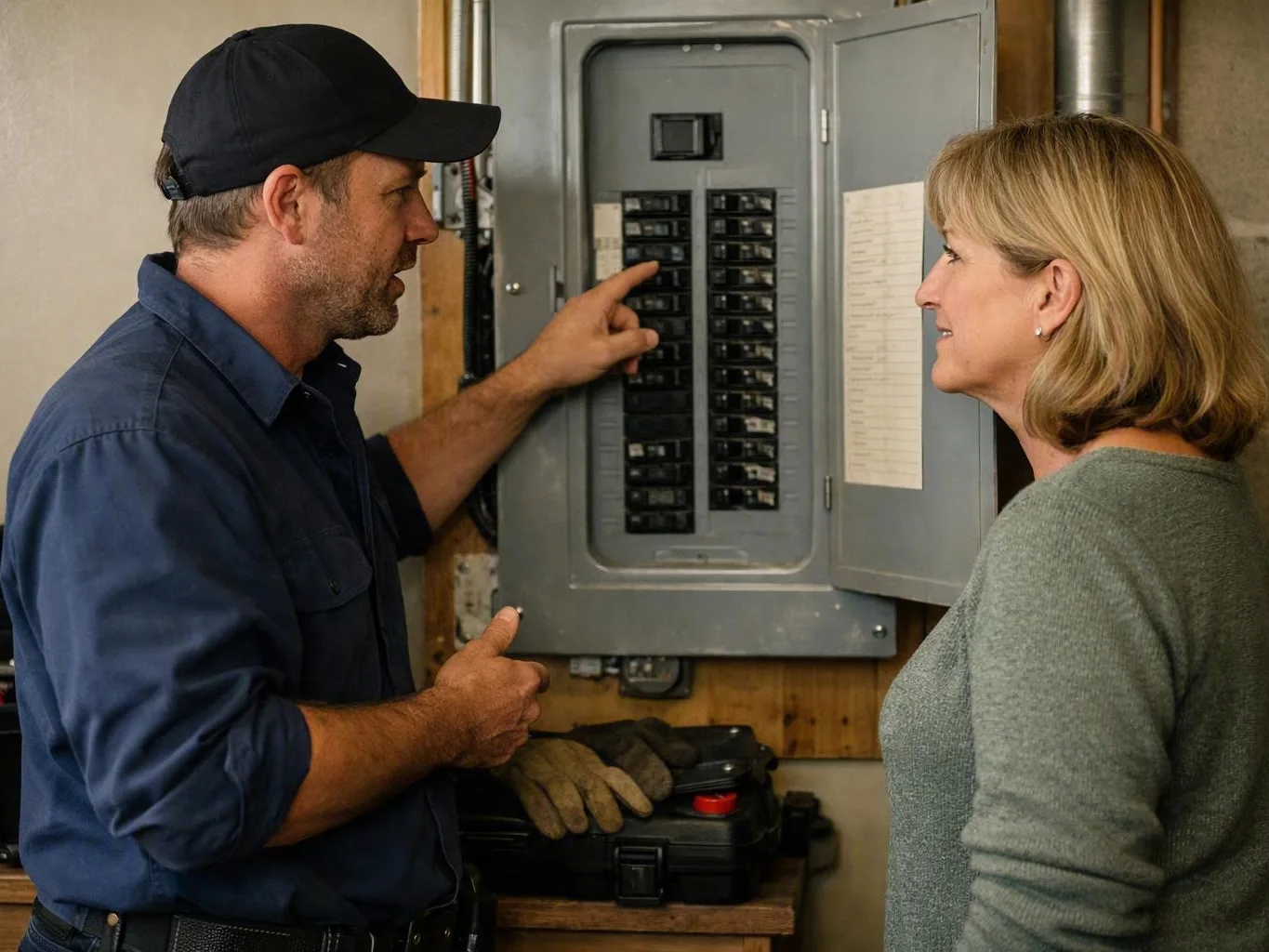 Electrician points inside an open breaker panel while a woman observes in a