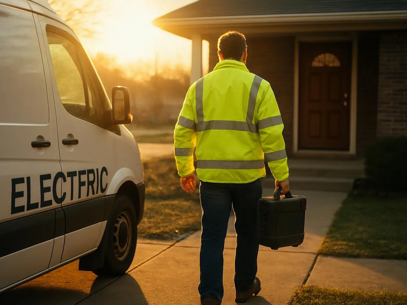 Worker carrying a black equipment case toward a house beside an electric
