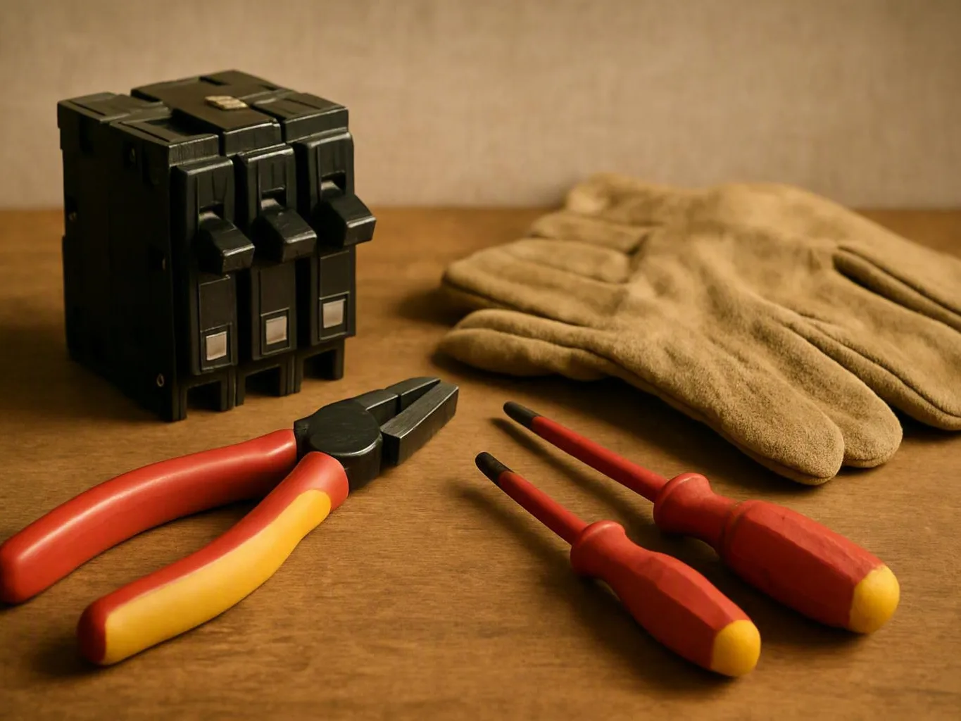 Breaker block, pliers, screwdrivers, and work gloves arranged on a wooden work