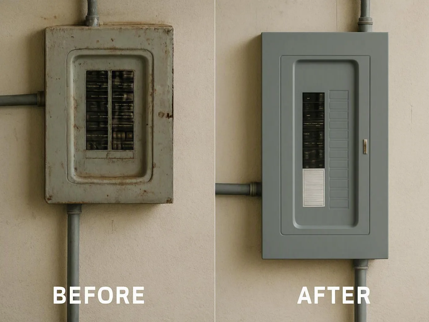 Before-and-after comparison shows a rusty breaker box replaced with a clean