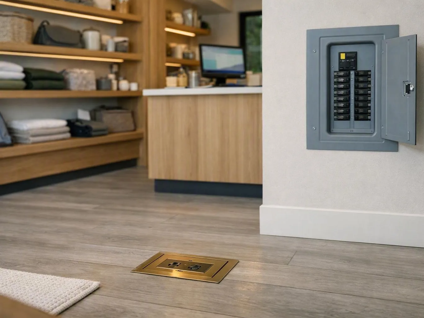 Open electrical panel and brass floor outlet displayed on a showroom floor