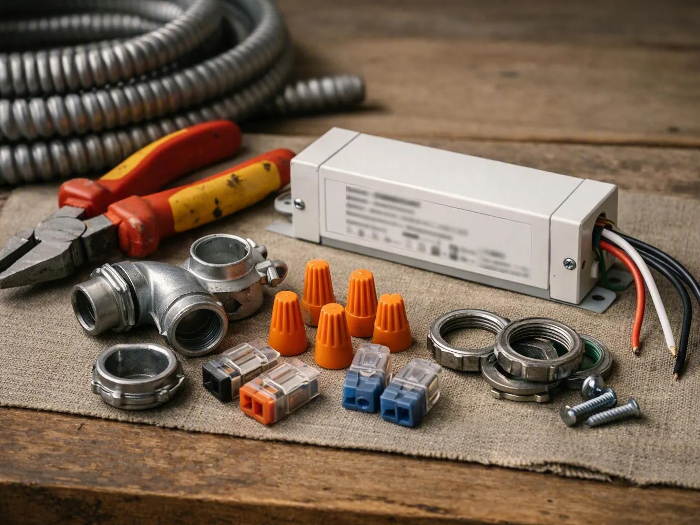 Electrical tools, connectors, fittings, and wiring box arranged on a wooden