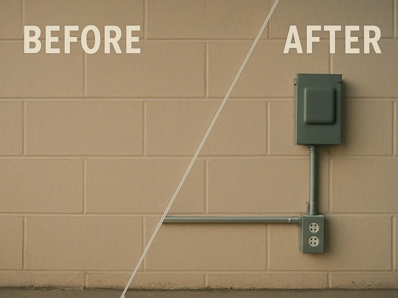 Electrical conduit and gray box shown in a before-and-after wall comparison