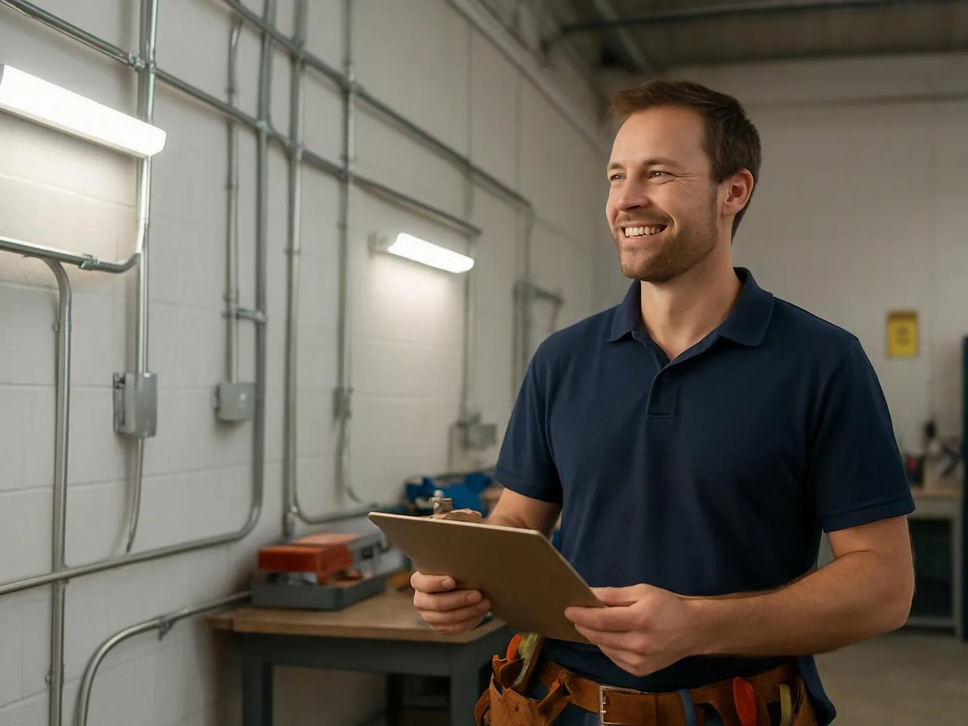 Smiling electrician holding a clipboard in a workshop with wall-mounted pipes