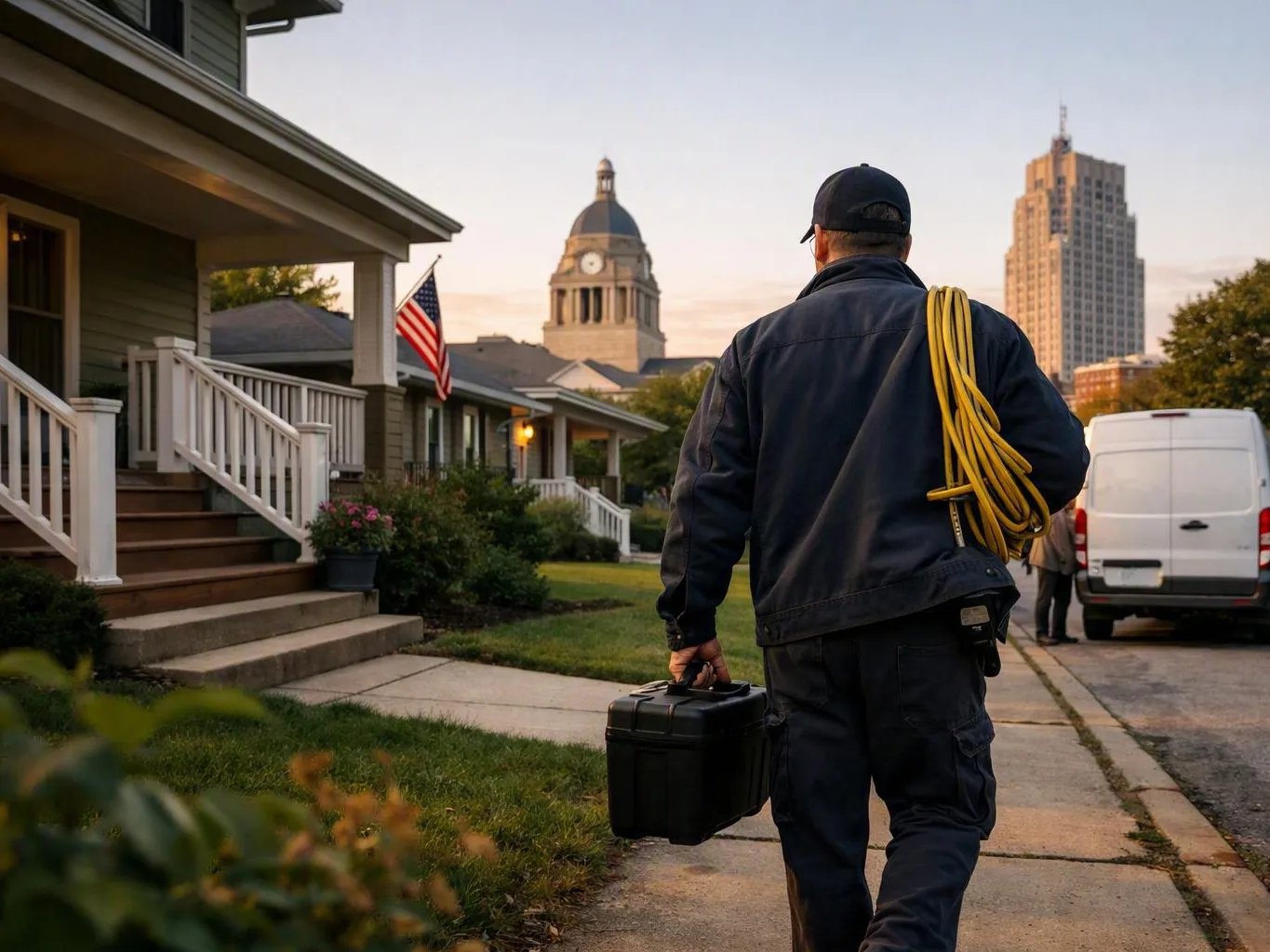 Utility worker carries a toolbox and coiled yellow cable along a suburban