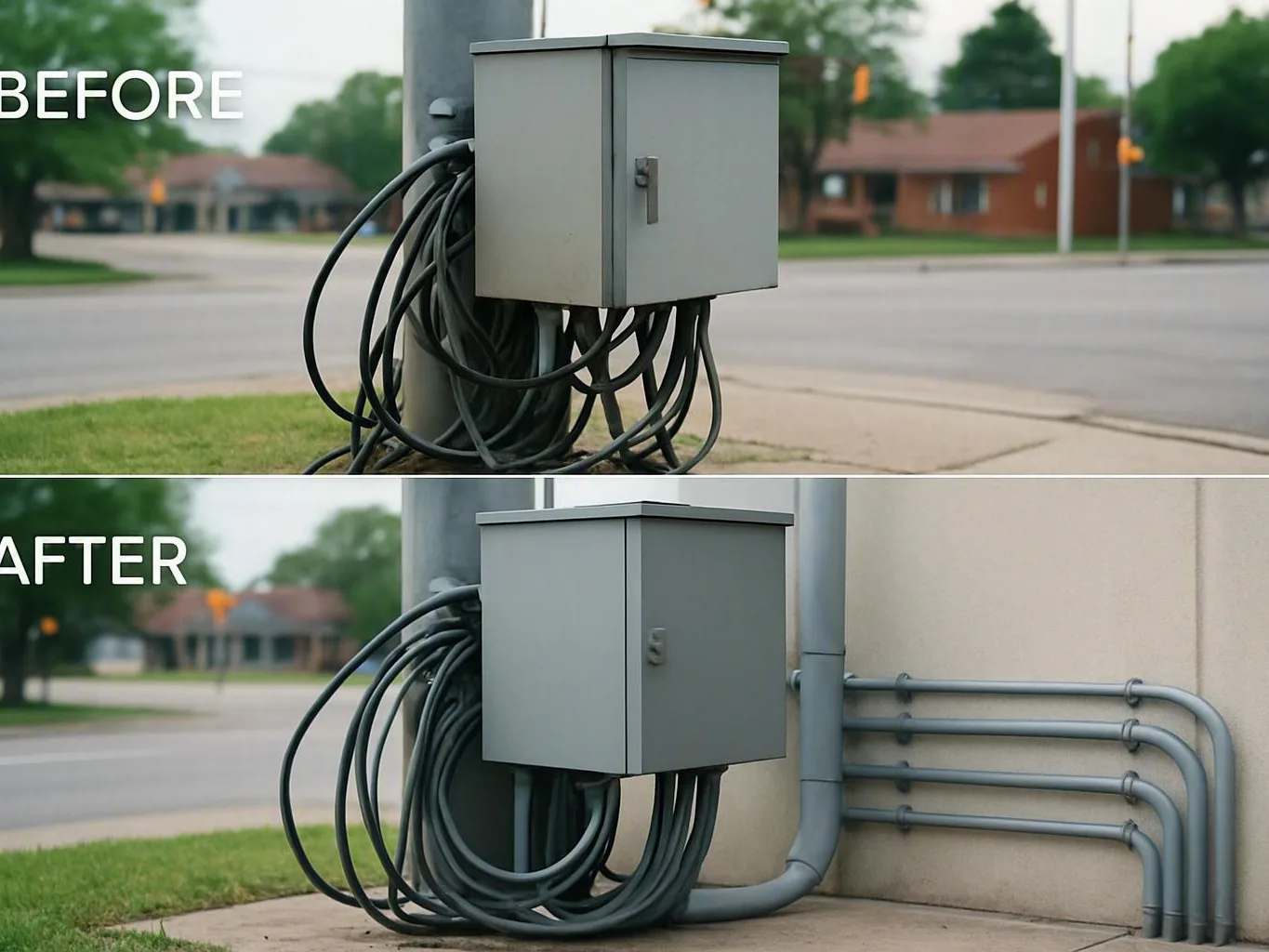 Before-and-after utility box showing loose cables replaced with neatly routed