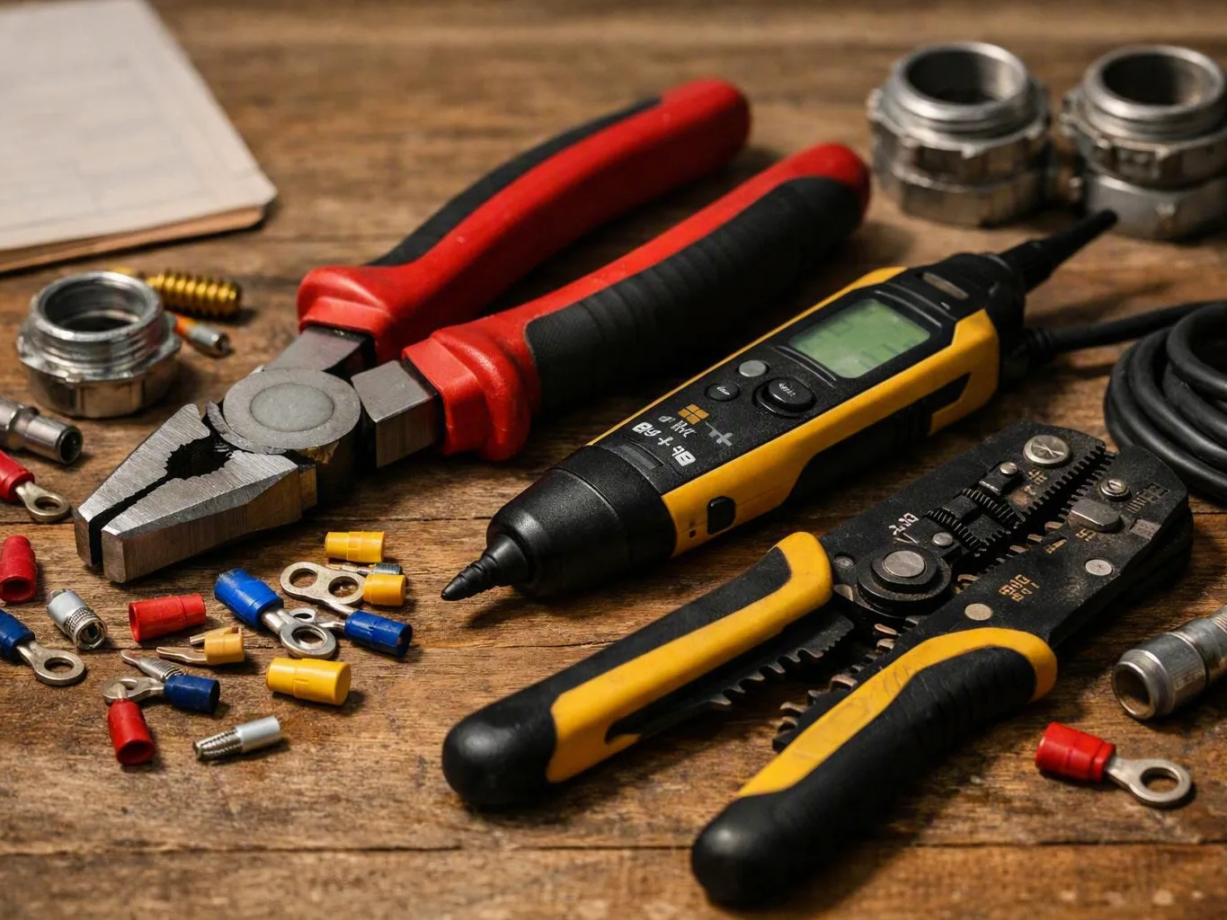 Electrical tools and wire connectors arranged on a wooden workbench for fuse