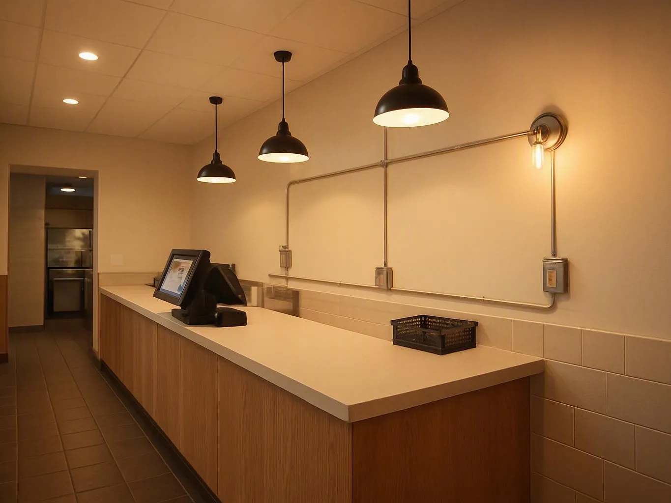 Warm-lit modern room with hanging black lamps and a wall-mounted monitor