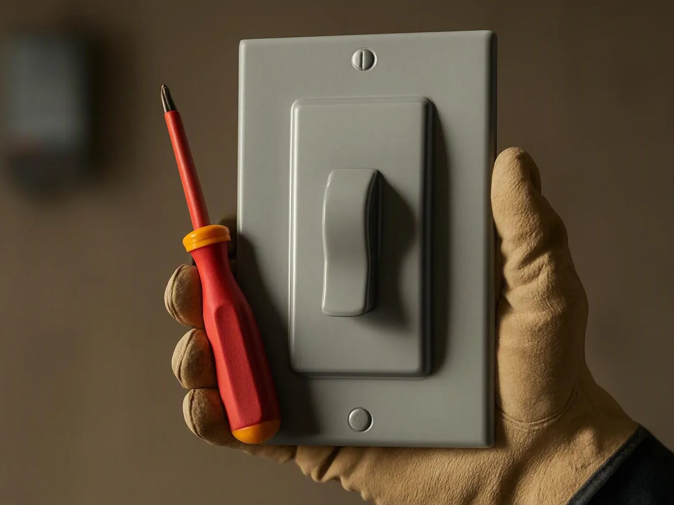 Gloved hand holding a light switch and red screwdriver against an indoor wall