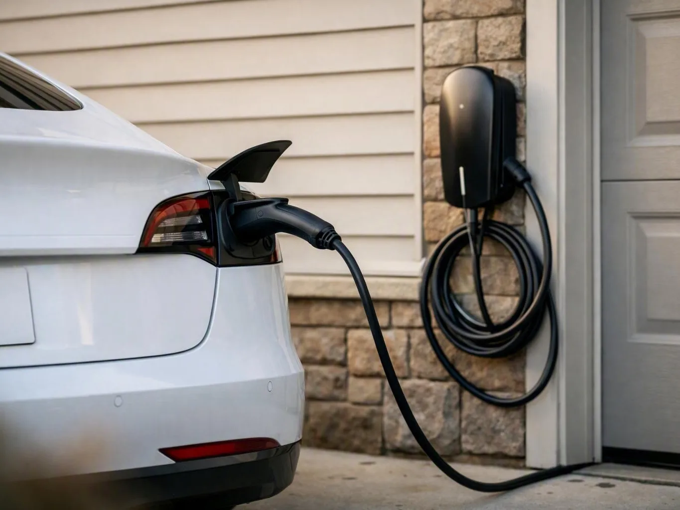 White electric vehicle charging beside a stone garage wall with a mounted home