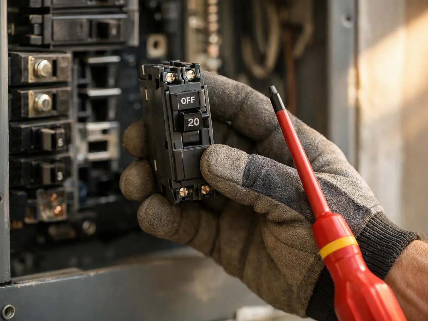 Gloved hand holds a 20-amp breaker and red electrical tester inside a panel
