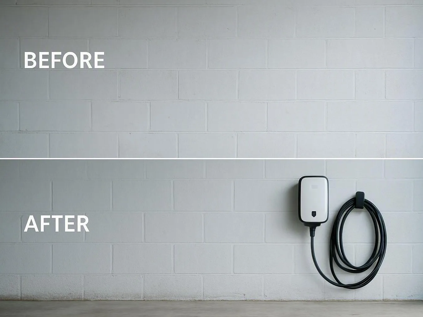 Before-and-after wall display with a mounted cable charger shown in the lower