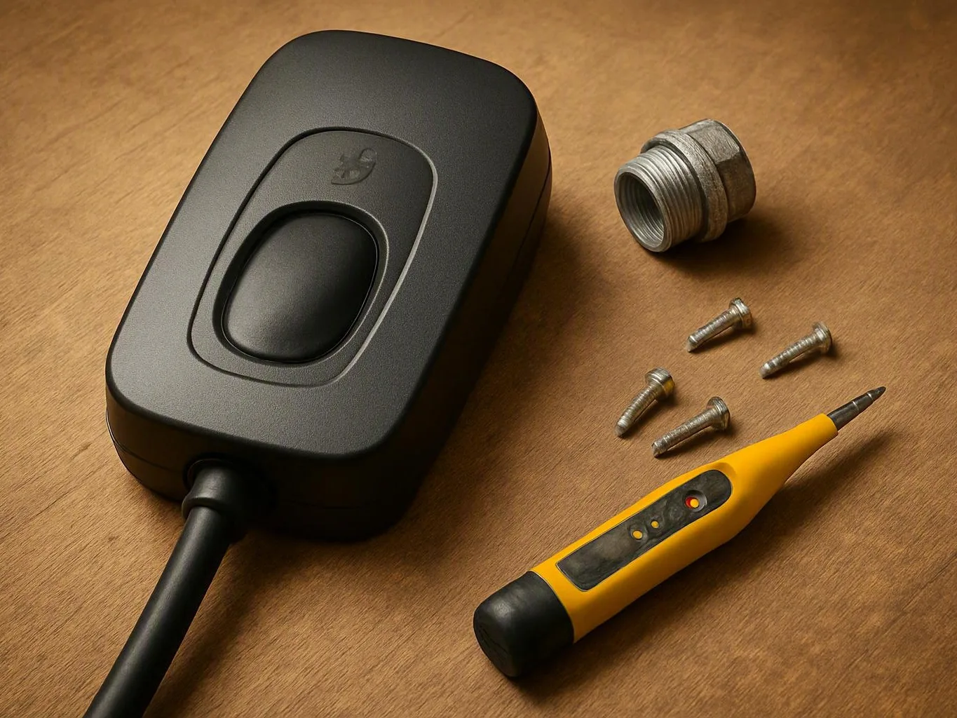 Black inline switch, yellow voltage tester, metal fitting, and screws arranged