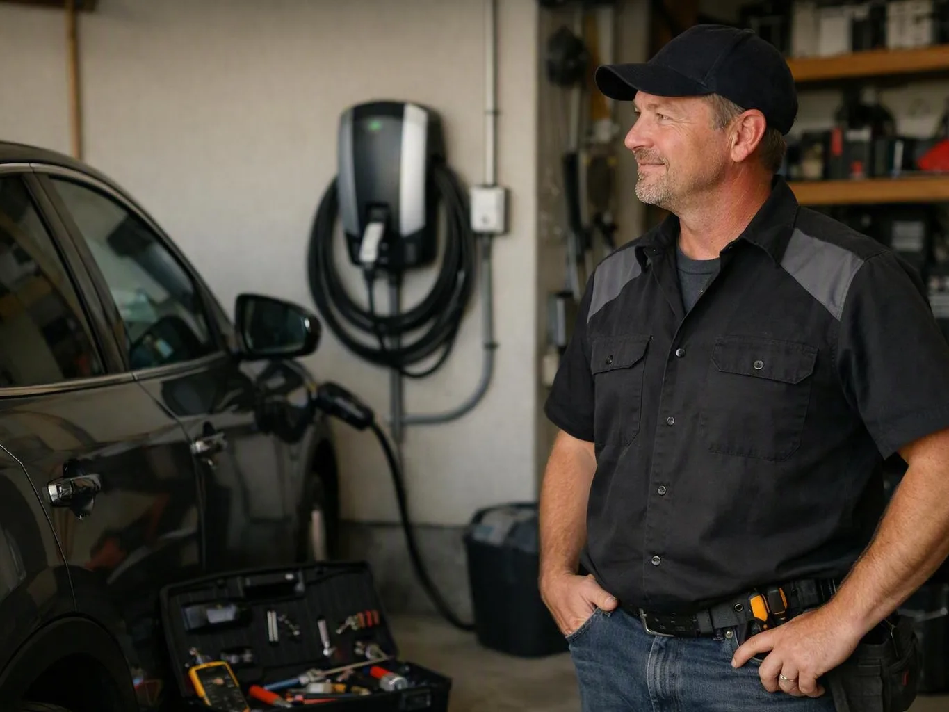 Man standing beside an electric vehicle charging inside a residential garage