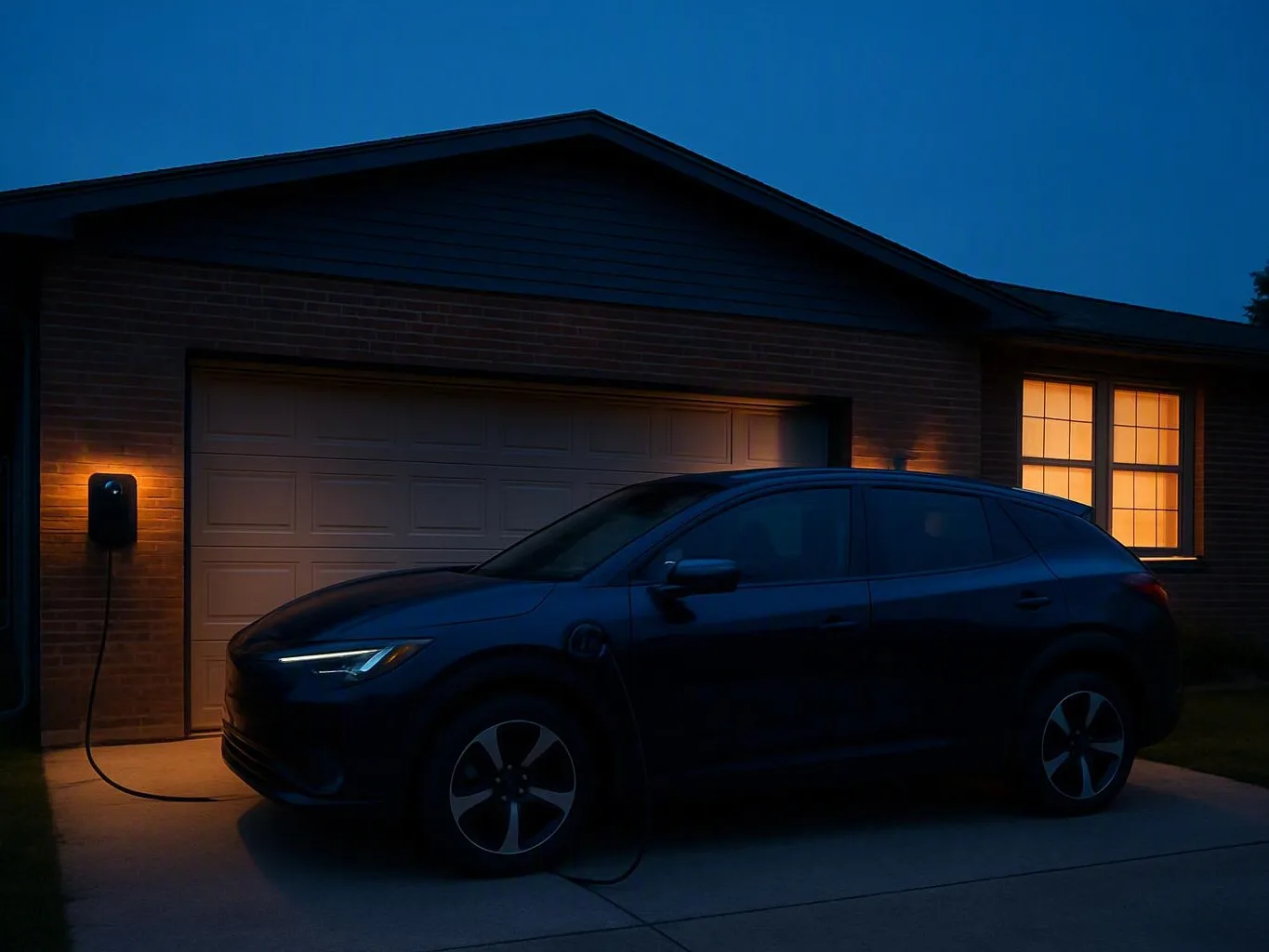 Black electric SUV plugged into a home charger outside a lit garage at dusk