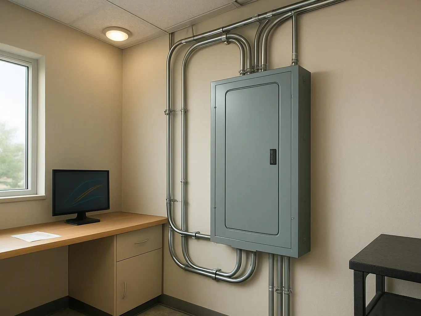 Small office room with gray electrical panel, metal conduit, desk, and computer