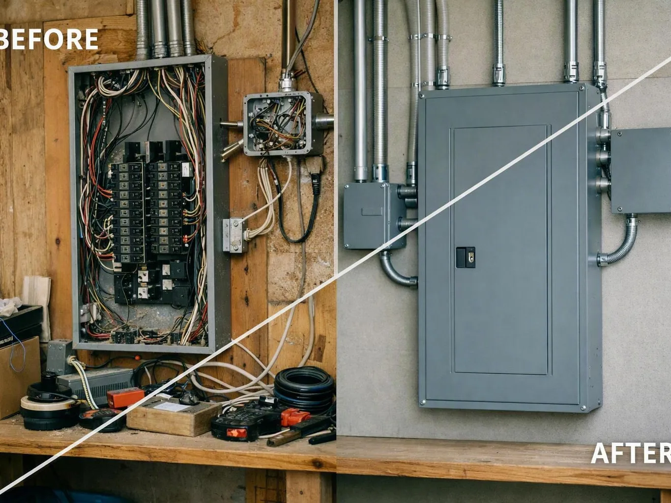 Split view of a messy electrical panel before and a clean gray cabinet after