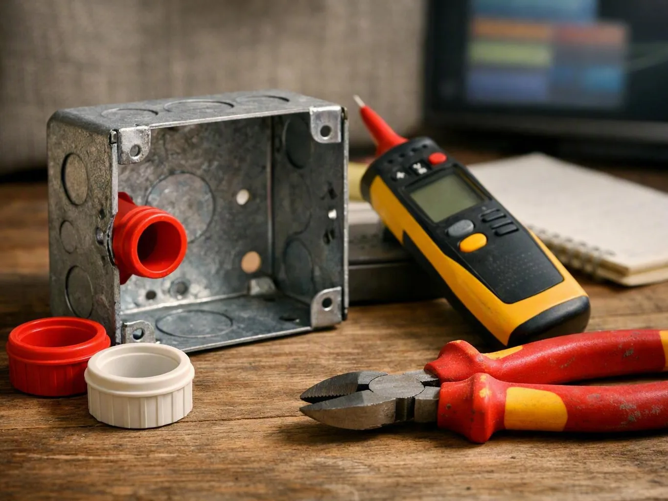 Open metal electrical box with pliers, voltage tester, and wire caps on a