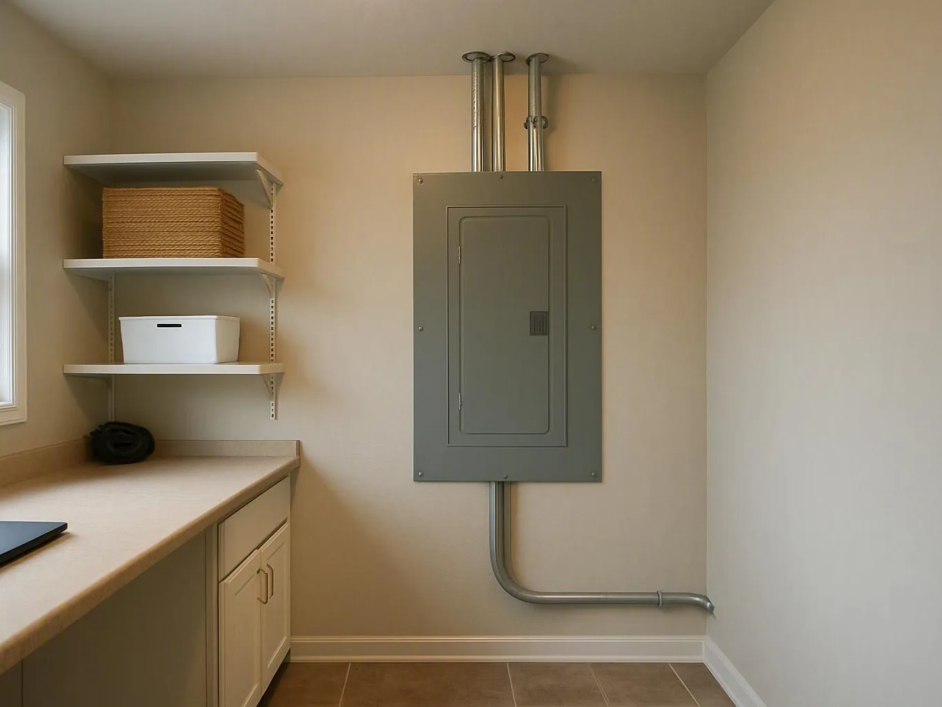 Utility room with gray electrical panel, metal conduits, shelves, and