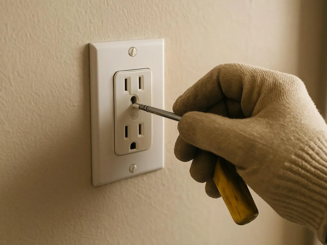 Gloved hand tightening a wall electrical outlet plate with a screwdriver in a