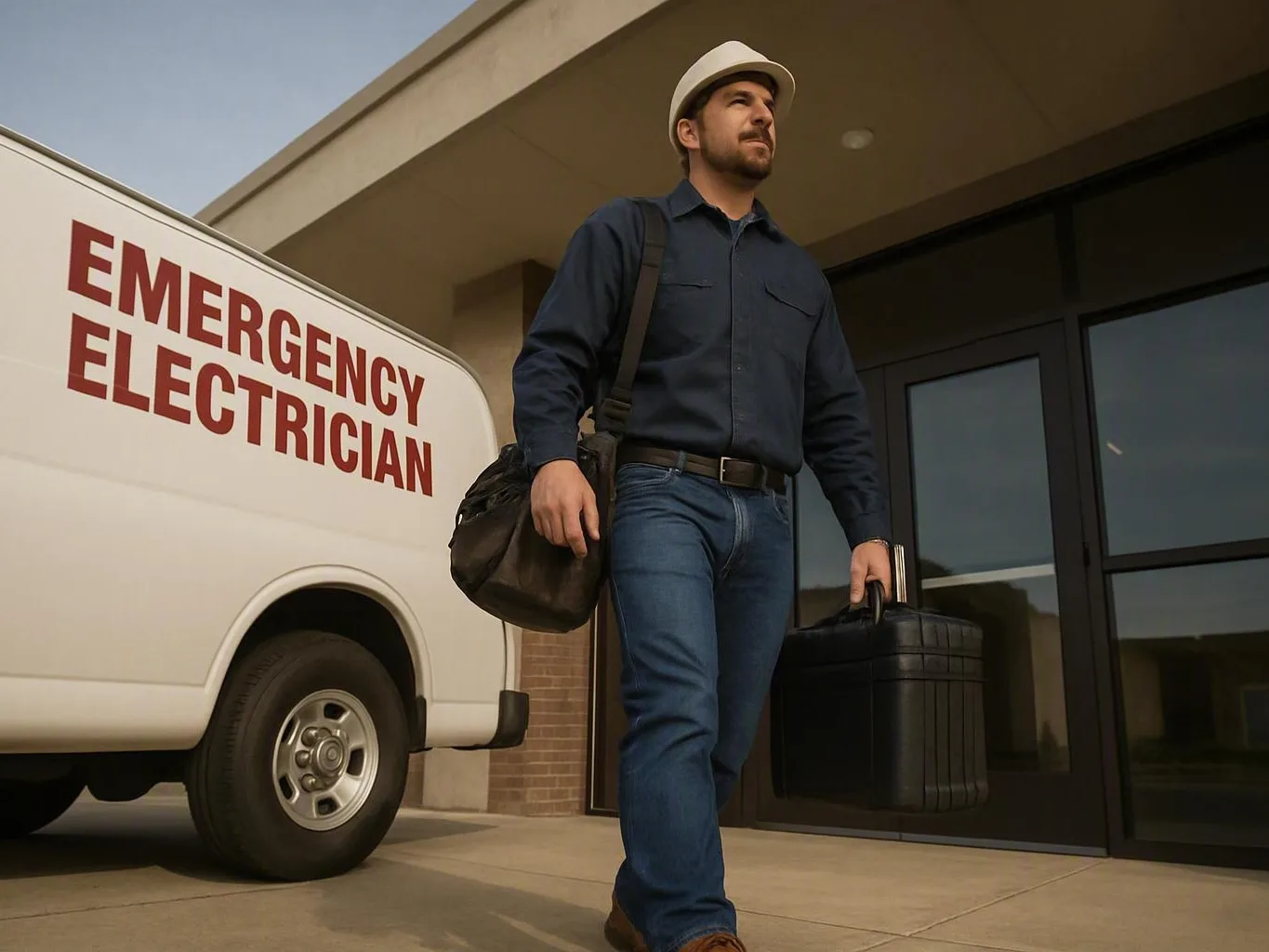 Hard-hat electrician leaving a service van with toolbox and shoulder bag