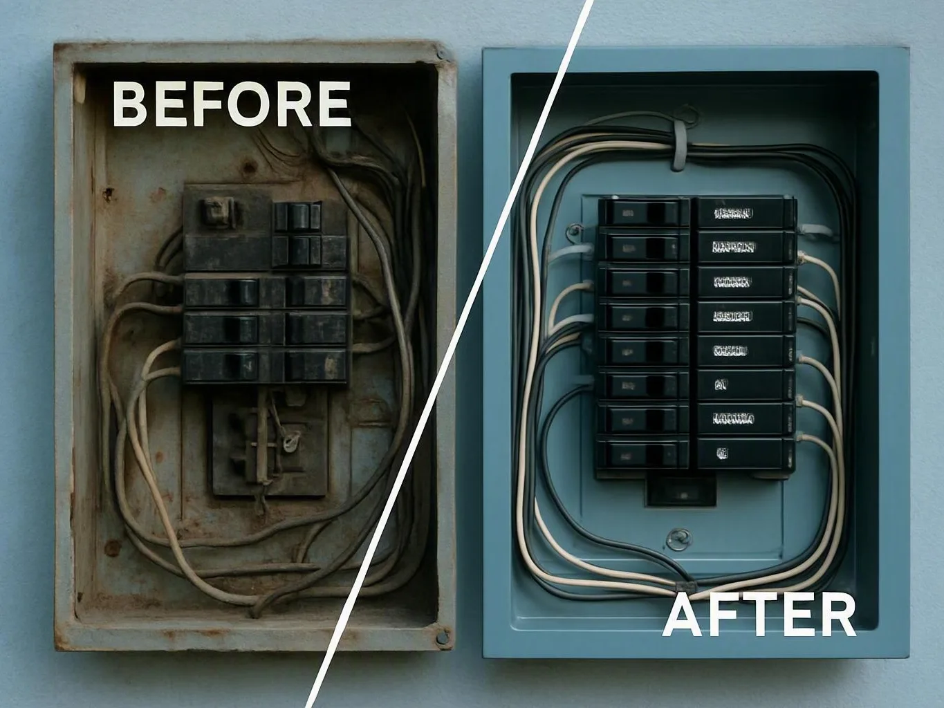 Split image showing a rusty electrical panel before and a clean blue panel after
