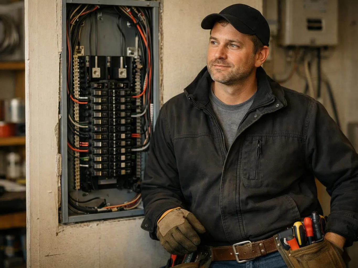Electrician wearing a tool belt beside an open electrical panel in a workshop