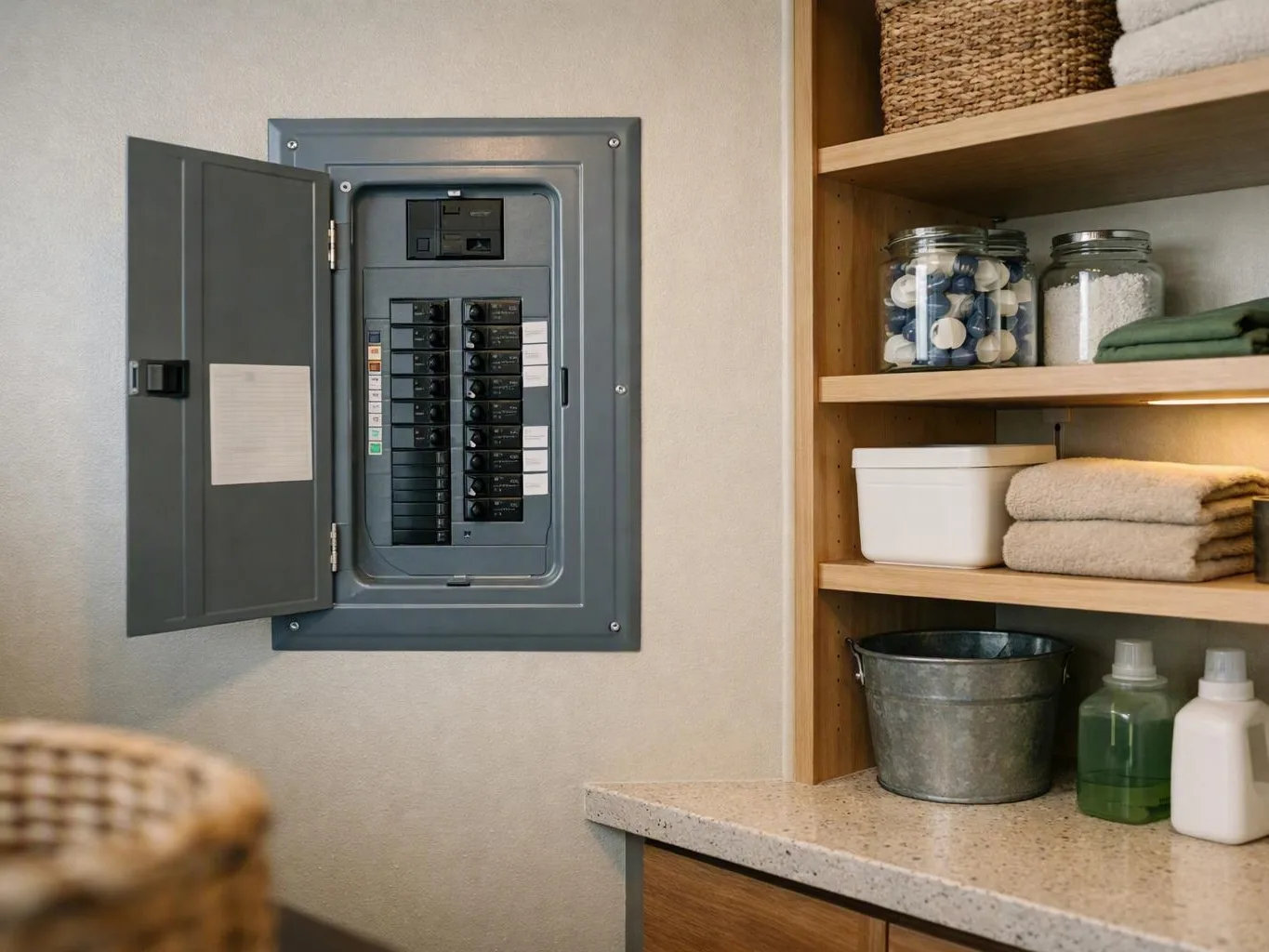 Open electrical breaker panel beside shelves of towels, jars, and cleaning