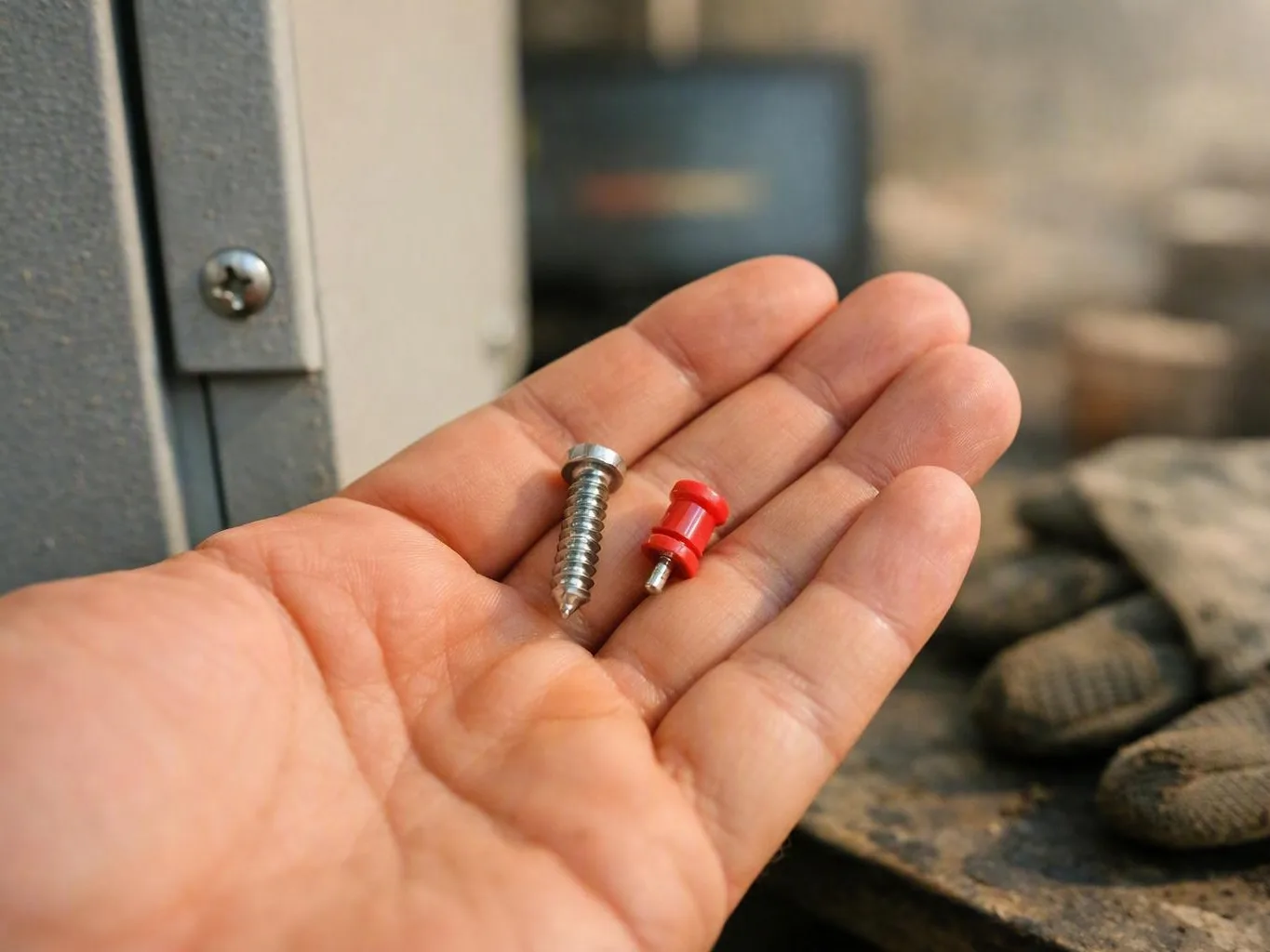 Hand holding a silver screw and red plastic anchor beside a gray metal surface