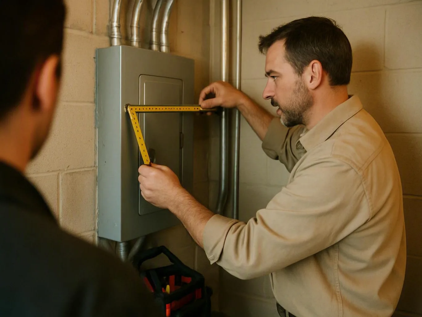 Technician measuring a gray electrical panel with a yellow ruler in a utility